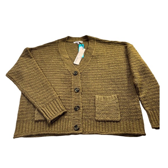 Serein Sweaters - Les Serein Spiced Olive/Tan Boucle Popcorn Cardigan XXL Boxy Fall Cabincore Cozy